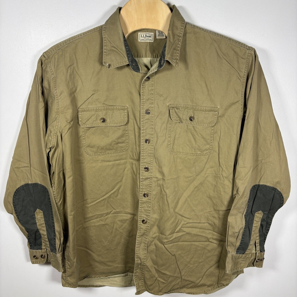 LL Bean Mens XXL Field Shirt Khaki Tan Cotton Twill Elbow Patch Hunting